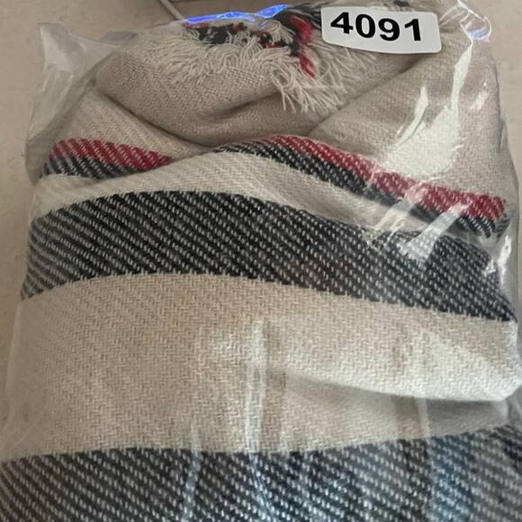 Blanket Scarf Large Square 56" x 56" Plaid Red Cream Black Fringe - Picture 7 of 7